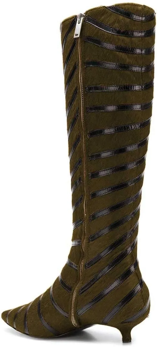 FSJ Women Fashion Pointed Toe Low Kitten Heel Knee High Boots Faux Fur Thread Comfort Winter Shoes with Side Zipper Size 4-15 US
