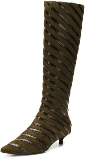 FSJ Women Fashion Pointed Toe Low Kitten Heel Knee High Boots Faux Fur Thread Comfort Winter Shoes with Side Zipper Size 4-15 US