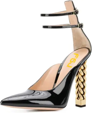 FSJ Women Pointed Toe Gold Metal Chain Block High Heels Double Ankle Strappy Pumps Chic Patent Leather Evening Dress Shoes Size 4-15 US