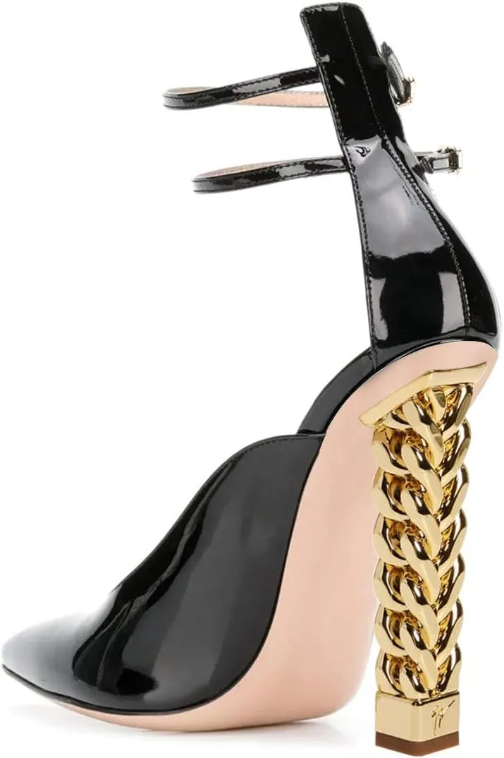 FSJ Women Pointed Toe Gold Metal Chain Block High Heels Double Ankle Strappy Pumps Chic Patent Leather Evening Dress Shoes Size 4-15 US