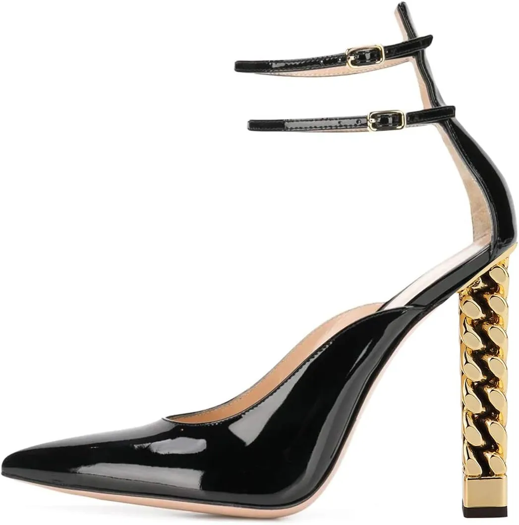 FSJ Women Pointed Toe Gold Metal Chain Block High Heels Double Ankle Strappy Pumps Chic Patent Leather Evening Dress Shoes Size 4-15 US