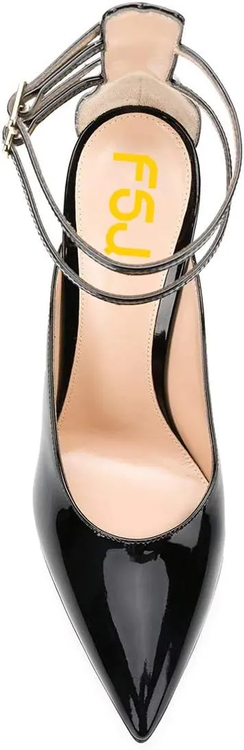FSJ Women Pointed Toe Gold Metal Chain Block High Heels Double Ankle Strappy Pumps Chic Patent Leather Evening Dress Shoes Size 4-15 US