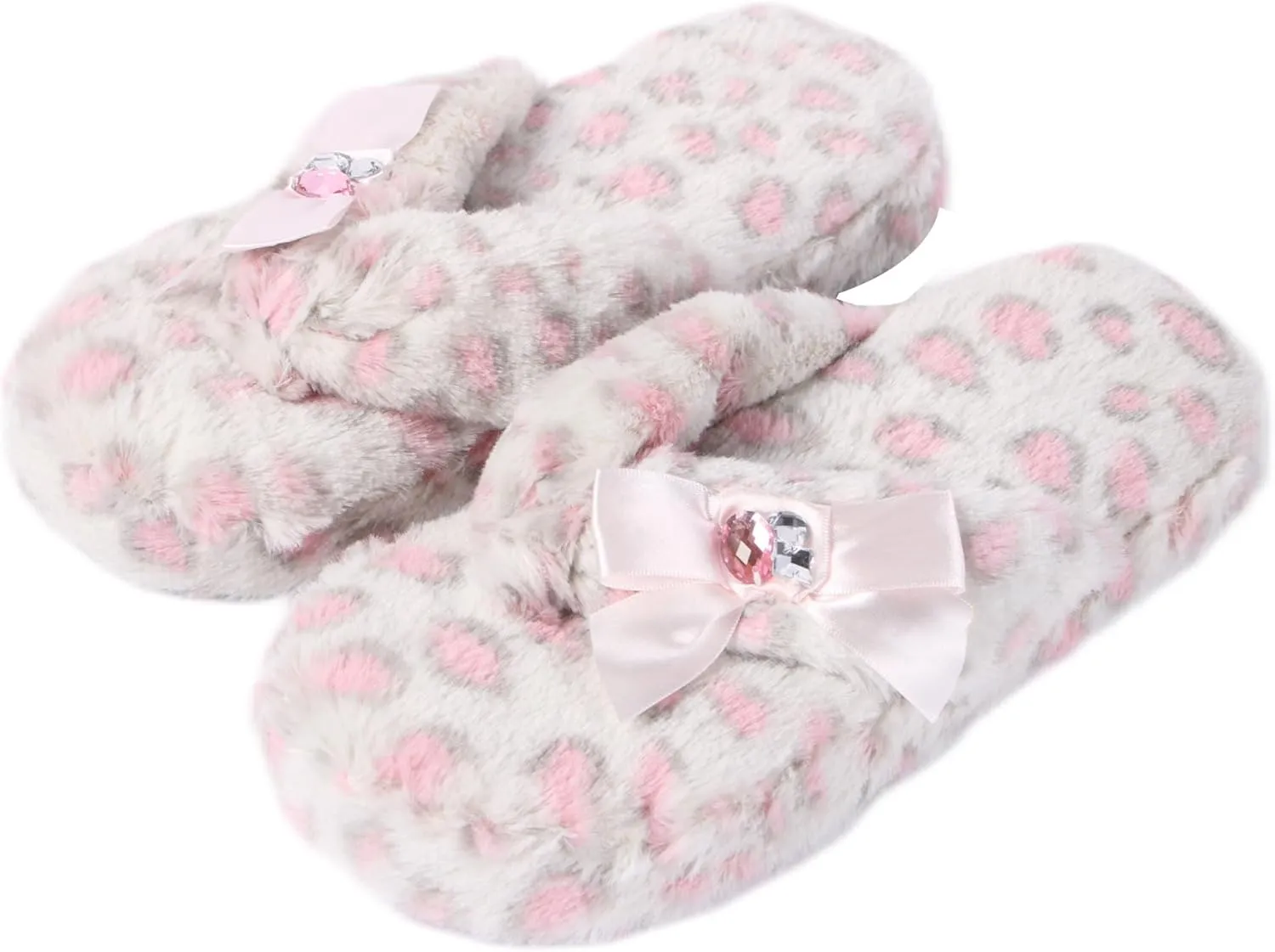 Fuzzy Flip Flop Open Toed Slippers for Womens Furry Home Slippers Fluffy Slip on House Shoes Indoor Outdoor Slippers Pink Leopard Size 5-6