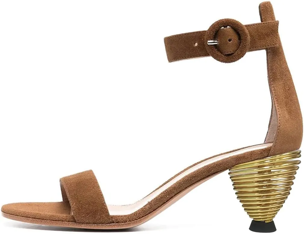 FYS Women Almond Toe Ankle Strap Heeled Sandals Chic Gold Mental Spring High Heel Dress Summer Party Prom Shoes Size 4-15 US