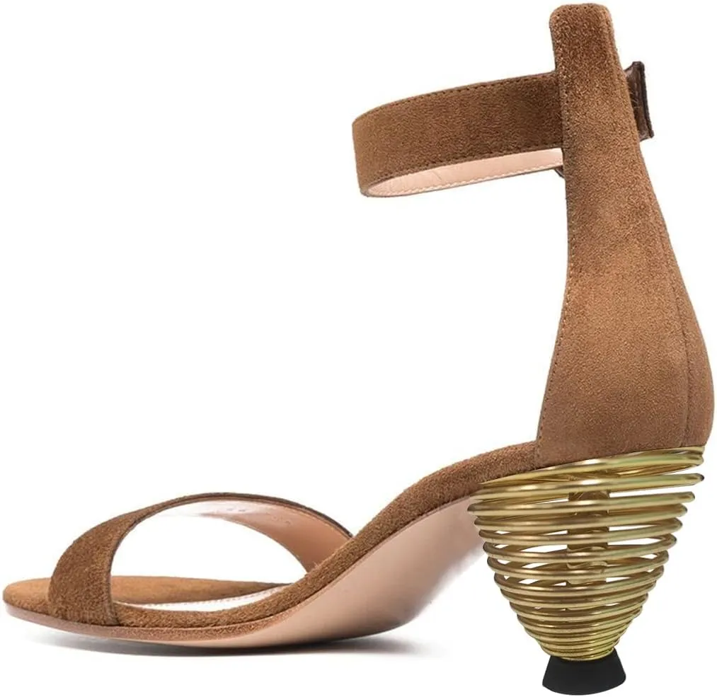 FYS Women Almond Toe Ankle Strap Heeled Sandals Chic Gold Mental Spring High Heel Dress Summer Party Prom Shoes Size 4-15 US