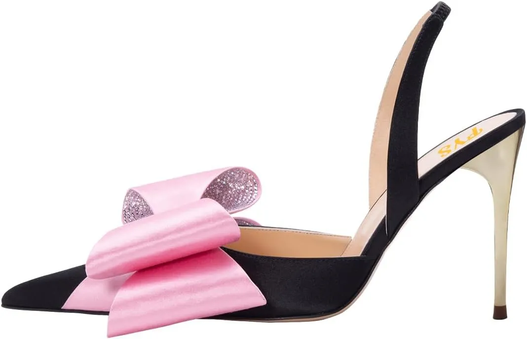 FYS Women's Elegant Closed Pointed Toe Sandal Stiletto High Heel Slingback Sparkly Rhinestone Bowknot Pump Patchwork Slip On Dress Prom Evening Shoes Size 4-16 US