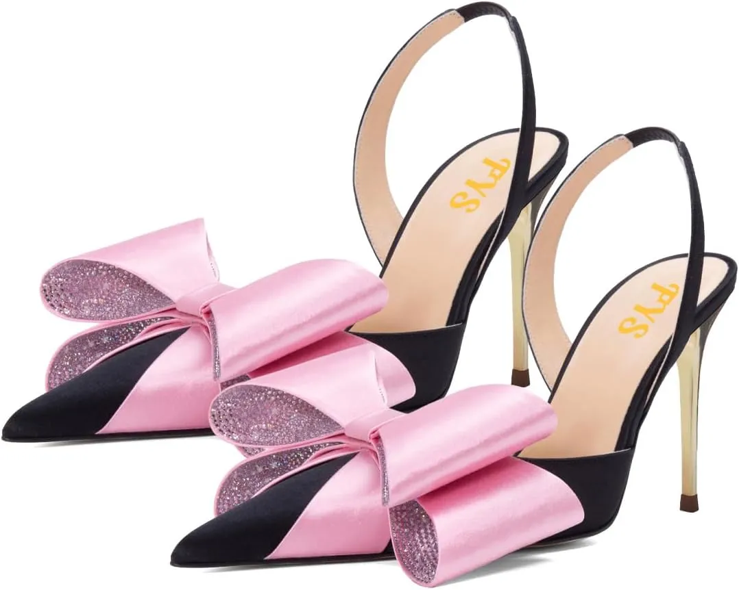 FYS Women's Elegant Closed Pointed Toe Sandal Stiletto High Heel Slingback Sparkly Rhinestone Bowknot Pump Patchwork Slip On Dress Prom Evening Shoes Size 4-16 US