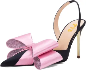 FYS Women's Elegant Closed Pointed Toe Sandal Stiletto High Heel Slingback Sparkly Rhinestone Bowknot Pump Patchwork Slip On Dress Prom Evening Shoes Size 4-16 US