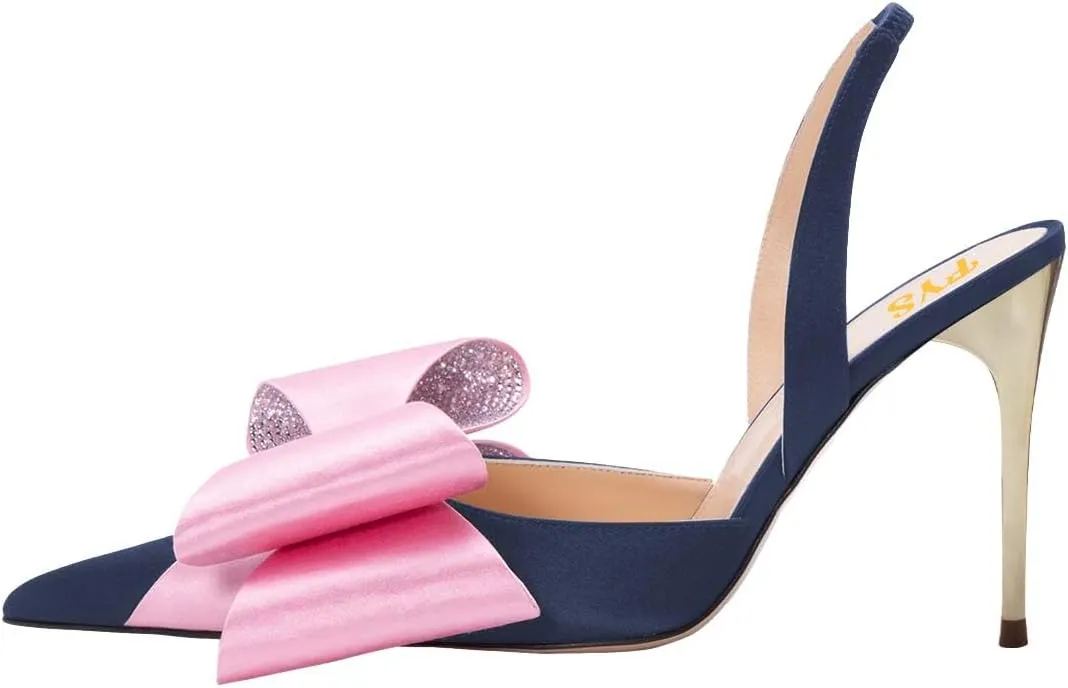 FYS Women's Elegant Closed Pointed Toe Sandal Stiletto High Heel Slingback Sparkly Rhinestone Bowknot Pump Patchwork Slip On Dress Prom Evening Shoes Size 4-16 US