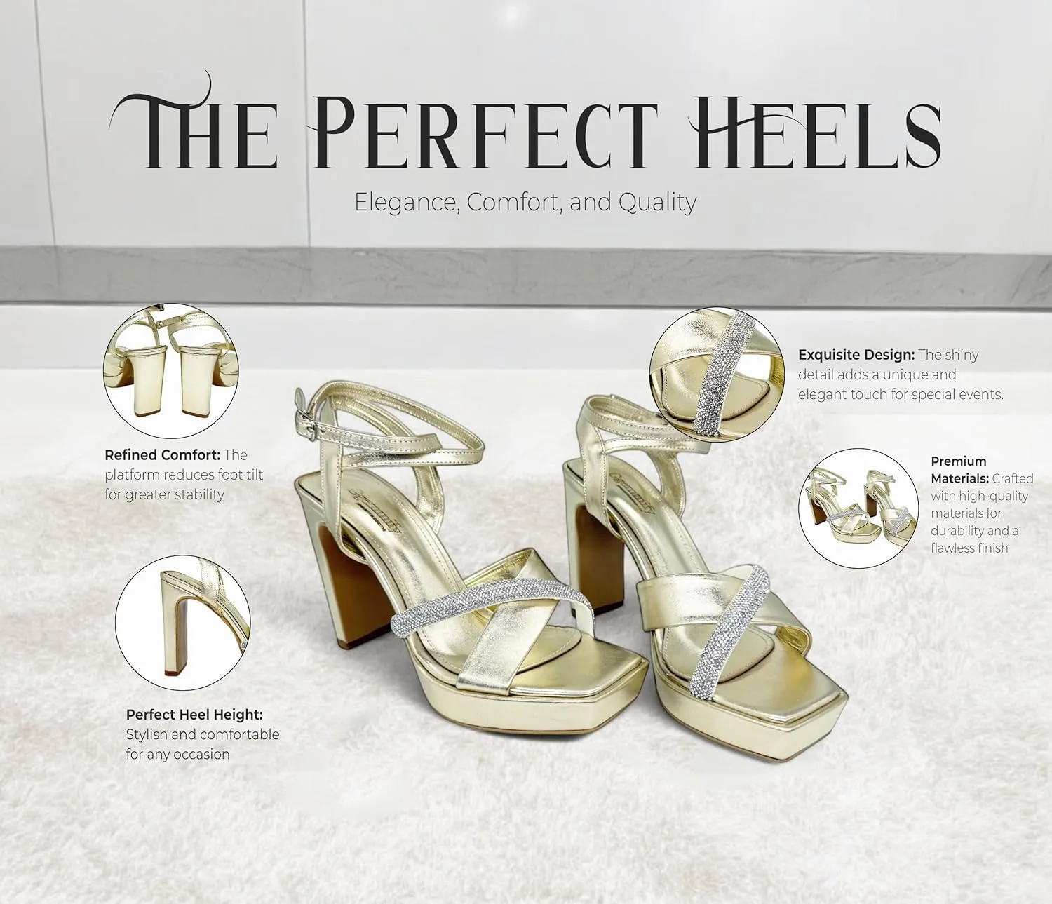 Gemmify Golden High Heel Sandals for Women – Elegant Platform Party Shoes with Thick Heels – Modern Glitter Strap Design – Comfortable Wedding Shoes for Special Occasions