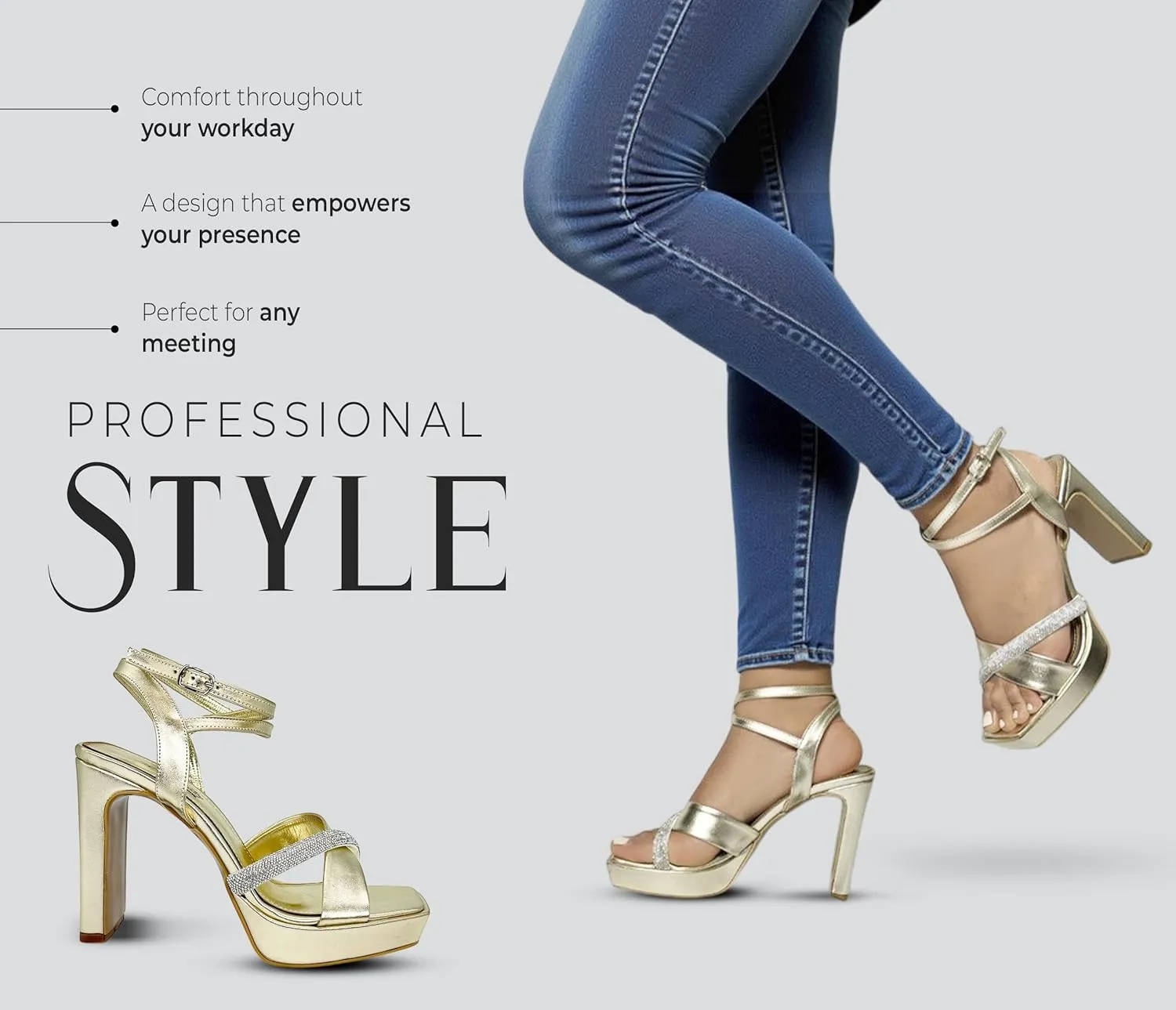 Gemmify Golden High Heel Sandals for Women – Elegant Platform Party Shoes with Thick Heels – Modern Glitter Strap Design – Comfortable Wedding Shoes for Special Occasions