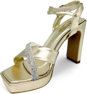Gemmify Golden High Heel Sandals for Women – Elegant Platform Party Shoes with Thick Heels – Modern Glitter Strap Design – Comfortable Wedding Shoes for Special Occasions