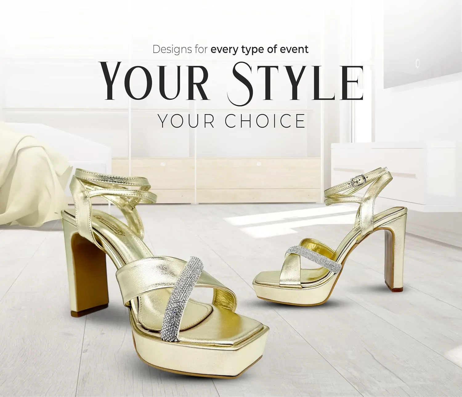Gemmify Golden High Heel Sandals for Women – Elegant Platform Party Shoes with Thick Heels – Modern Glitter Strap Design – Comfortable Wedding Shoes for Special Occasions