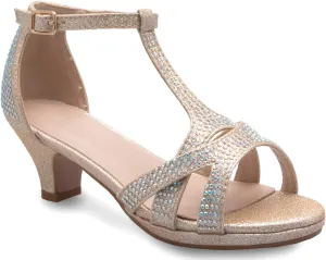 Girl's Glitter Leatherette Open Toe Strappy Ankle T Strap Kitten Heel Sandal (Toddler/Little Girl)