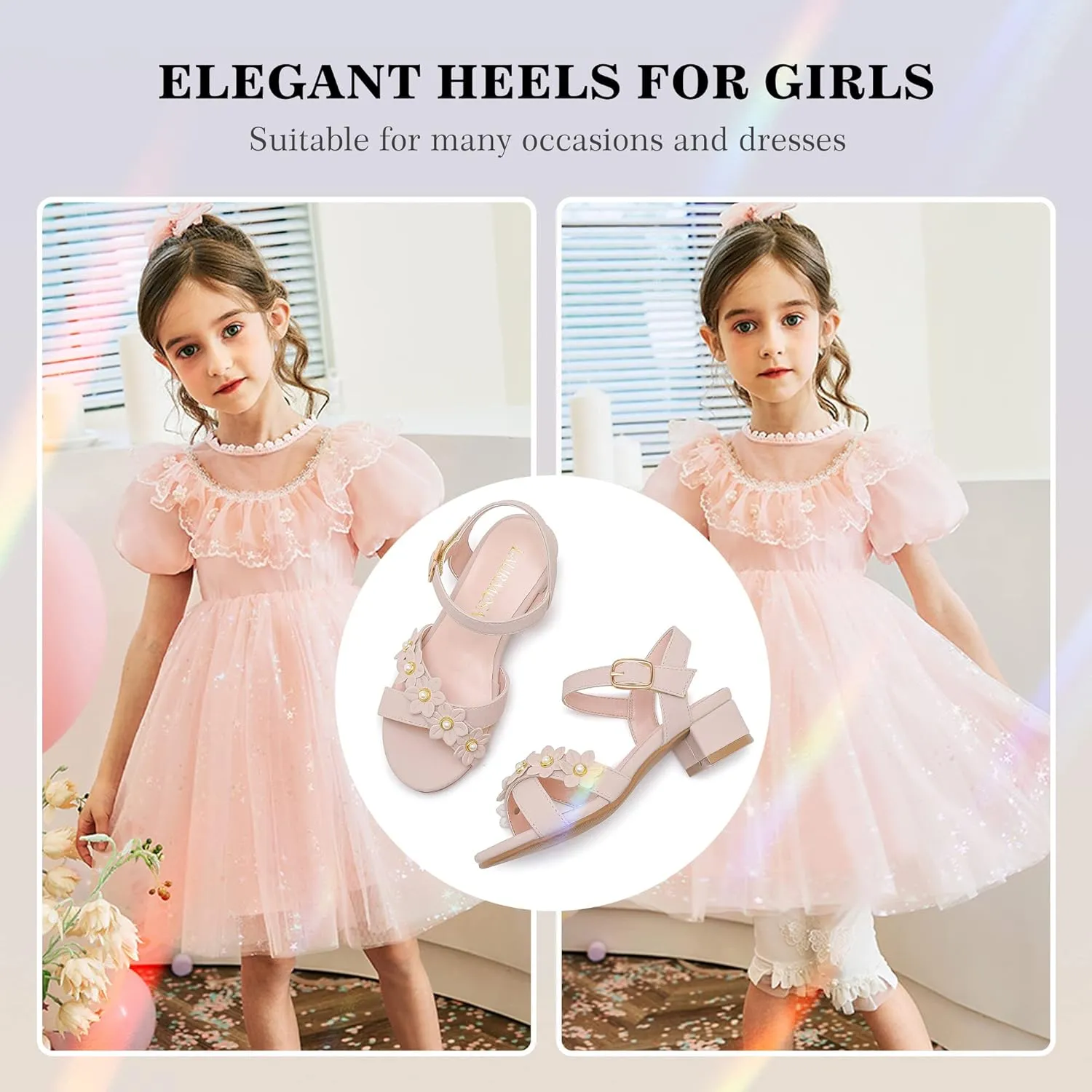 Girls Sandals Kids Heels Open Toe Ankle Strap Dress Shoes Flower Wedding Party for Toddler Little Big Kid