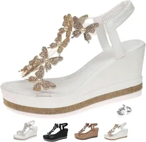 Glitter Butterfly Embellished Open Toe Sandals,Women's Chic Elegant Butterfly Pearl Slip-On Wedge Sandals Ankle Strap Wide Walking Shoes