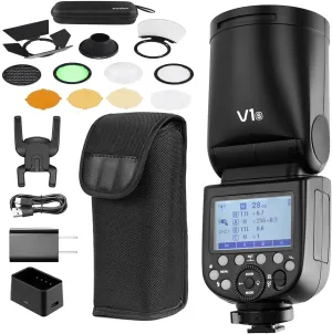 Godox V1-S Camera Flash for Sony Cameras, 76Ws 2.4G TTL Round Head Flash, 1/8000 HSS, 480 Full Power Shots, 1.5s Recycle Time, 2600mAh Lithium Battery, 10 Level LED Modeling Lamp, With AK-R1 Kit