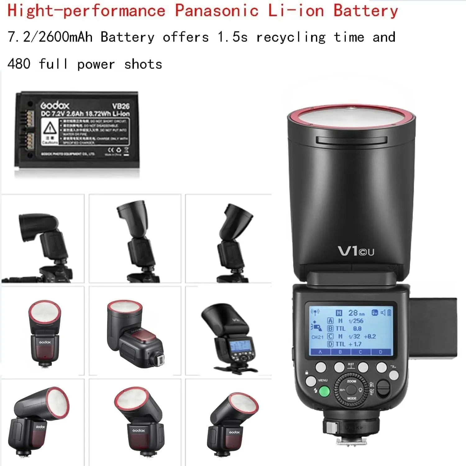 Godox V1 V1-C V1C USA Version Round Head Camera Flash with Godox XPro-C Flash Trigger for Canon Camera,76Ws 2.4G TTL1/8000 HSS,480 Full Power Shots, 2600mAh Li-ion Battery, 10 Levels LED Modeling Lamp