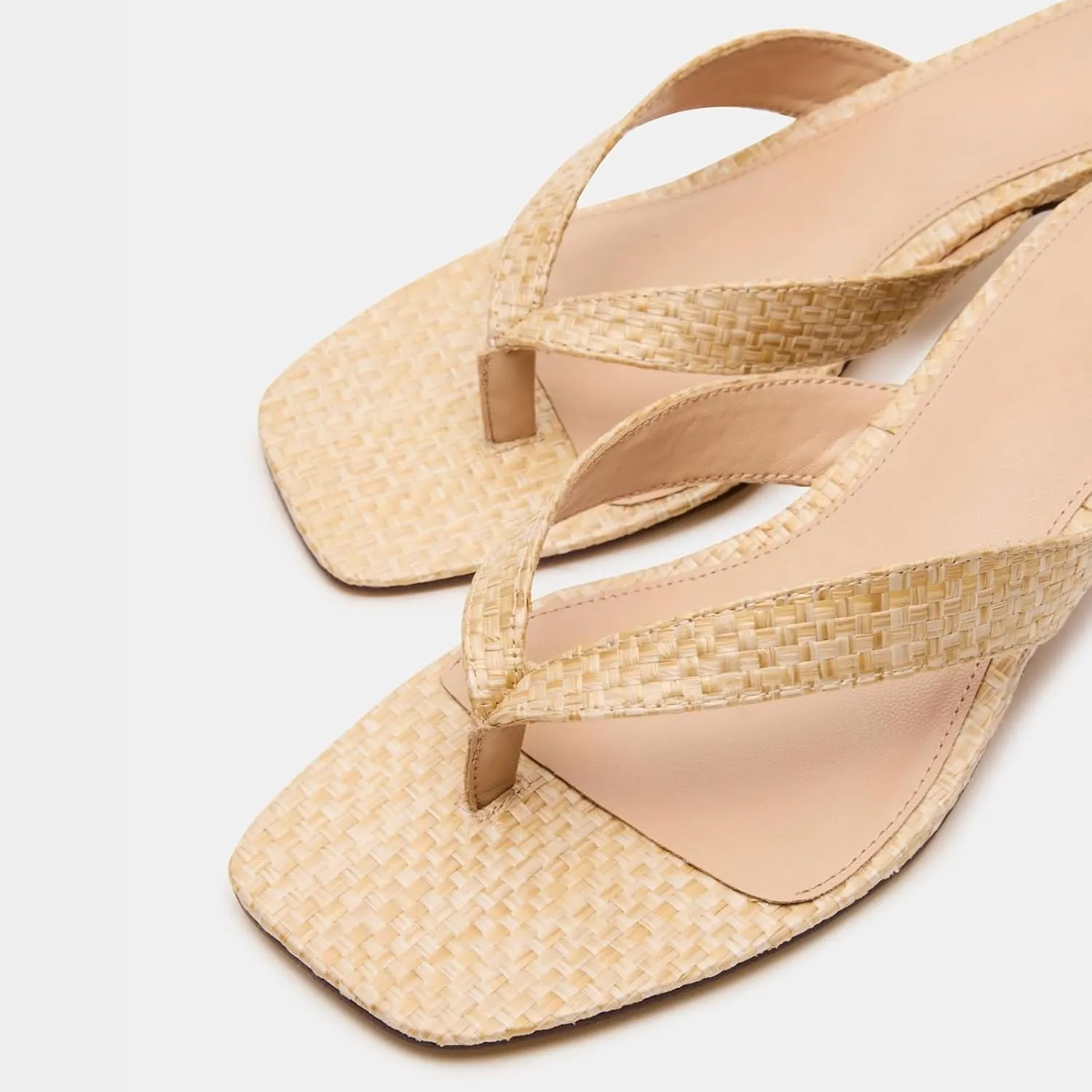 Goolita Women's Woven Raffia Kitten Heels Flip Flops Open Square Toe Strappy Thong Slide Heeled Sandals Comfort Casual Party Mules Heels