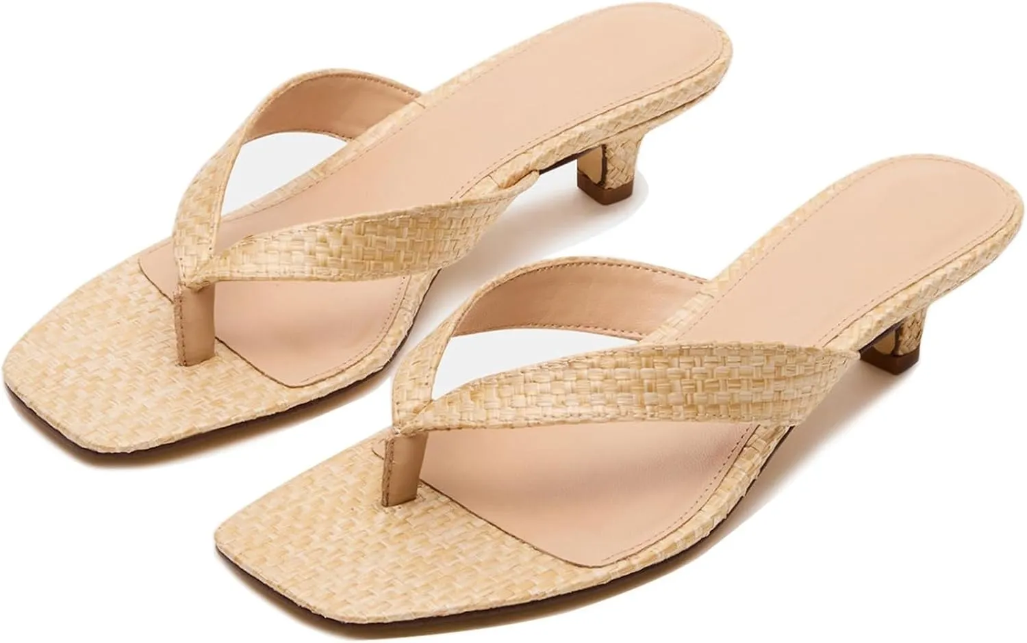 Goolita Women's Woven Raffia Kitten Heels Flip Flops Open Square Toe Strappy Thong Slide Heeled Sandals Comfort Casual Party Mules Heels