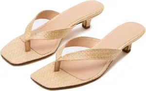 Goolita Women's Woven Raffia Kitten Heels Flip Flops Open Square Toe Strappy Thong Slide Heeled Sandals Comfort Casual Party Mules Heels