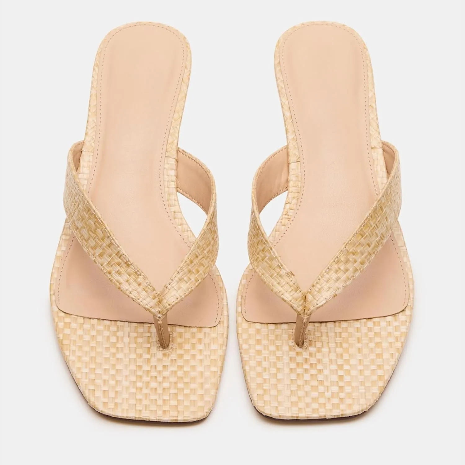 Goolita Women's Woven Raffia Kitten Heels Flip Flops Open Square Toe Strappy Thong Slide Heeled Sandals Comfort Casual Party Mules Heels