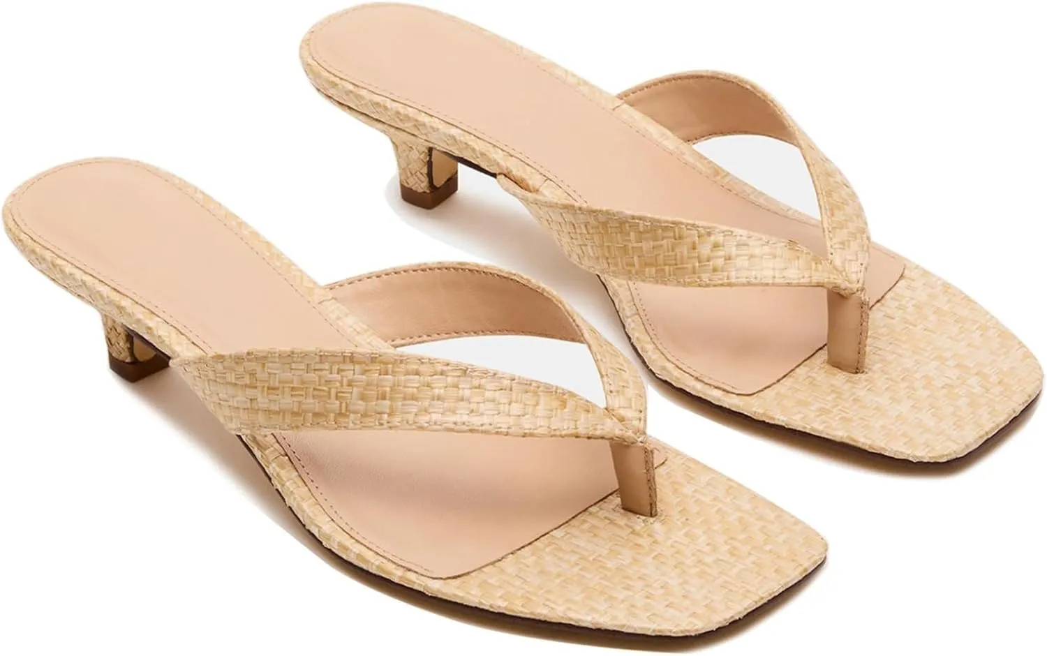 Goolita Women's Woven Raffia Kitten Heels Flip Flops Open Square Toe Strappy Thong Slide Heeled Sandals Comfort Casual Party Mules Heels