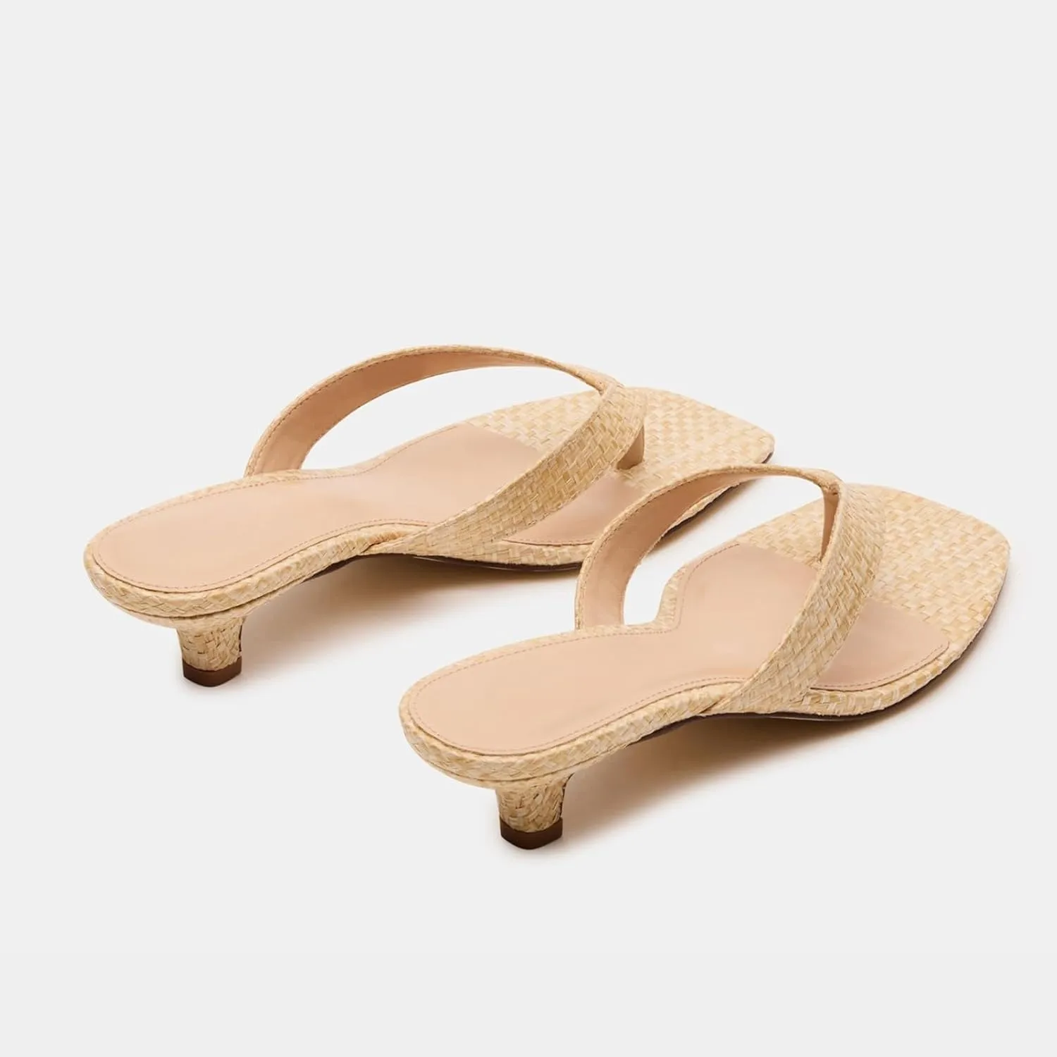 Goolita Women's Woven Raffia Kitten Heels Flip Flops Open Square Toe Strappy Thong Slide Heeled Sandals Comfort Casual Party Mules Heels