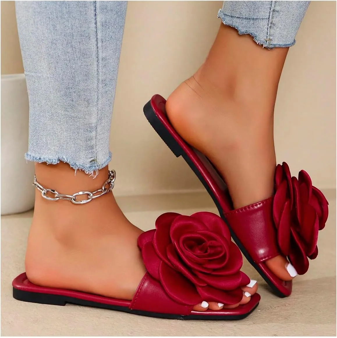 GORGLITTER Women's 3D Floral Applique Flat Sandals Square Open Toe Single Band Pu Leather Slide Sandals