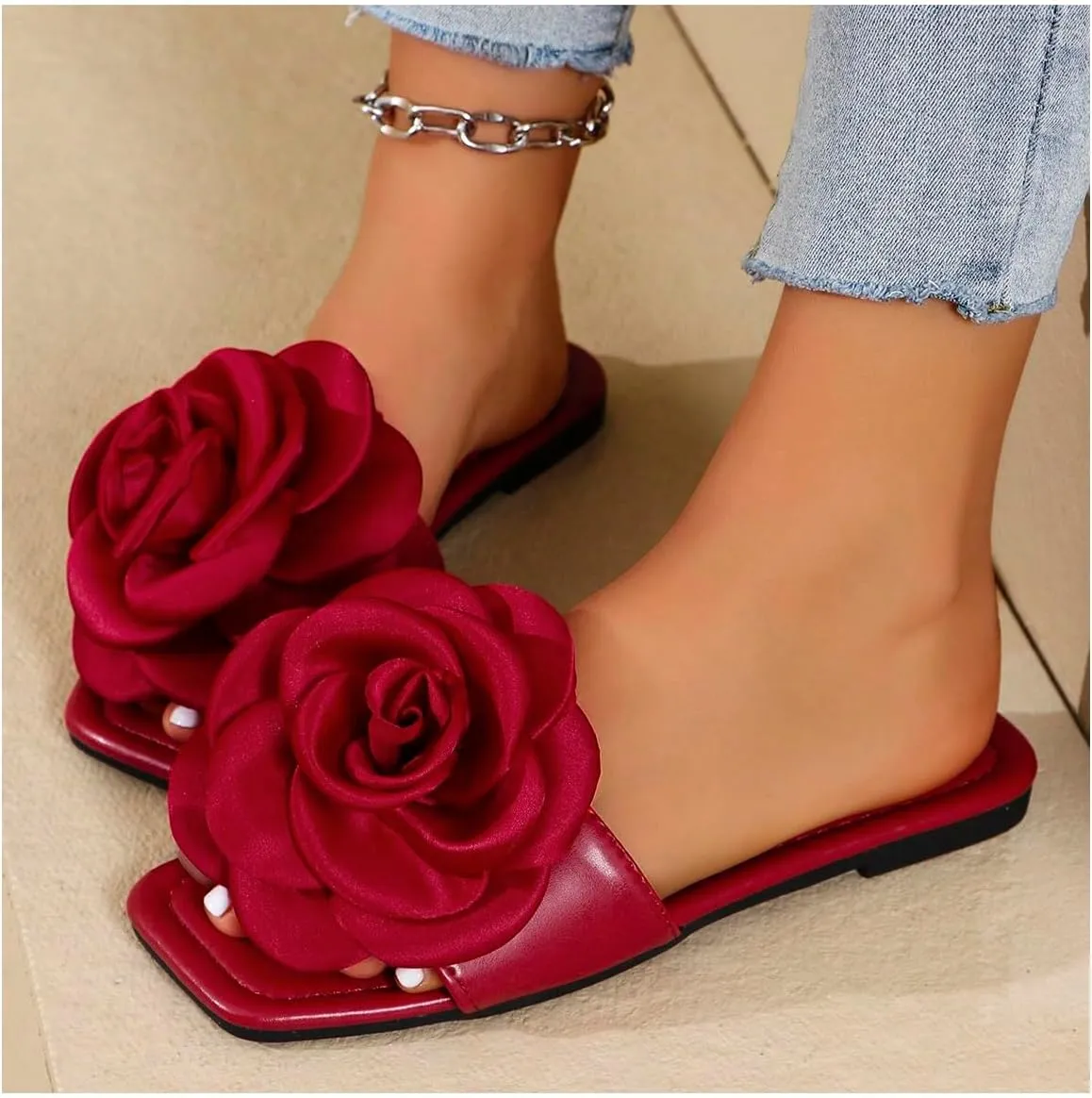 GORGLITTER Women's 3D Floral Applique Flat Sandals Square Open Toe Single Band Pu Leather Slide Sandals