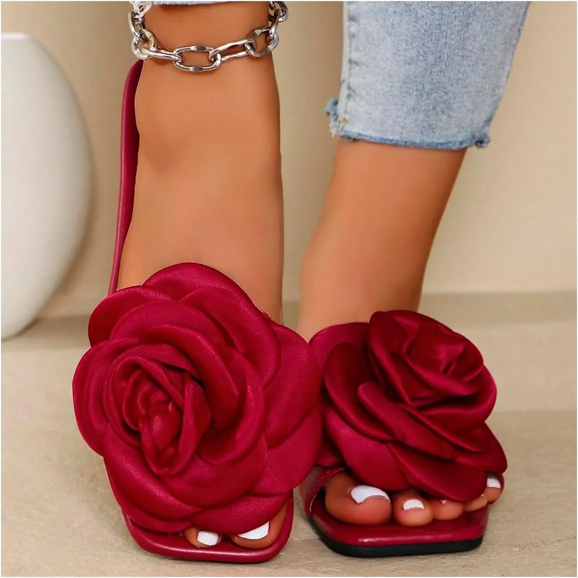 GORGLITTER Women's 3D Floral Applique Flat Sandals Square Open Toe Single Band Pu Leather Slide Sandals