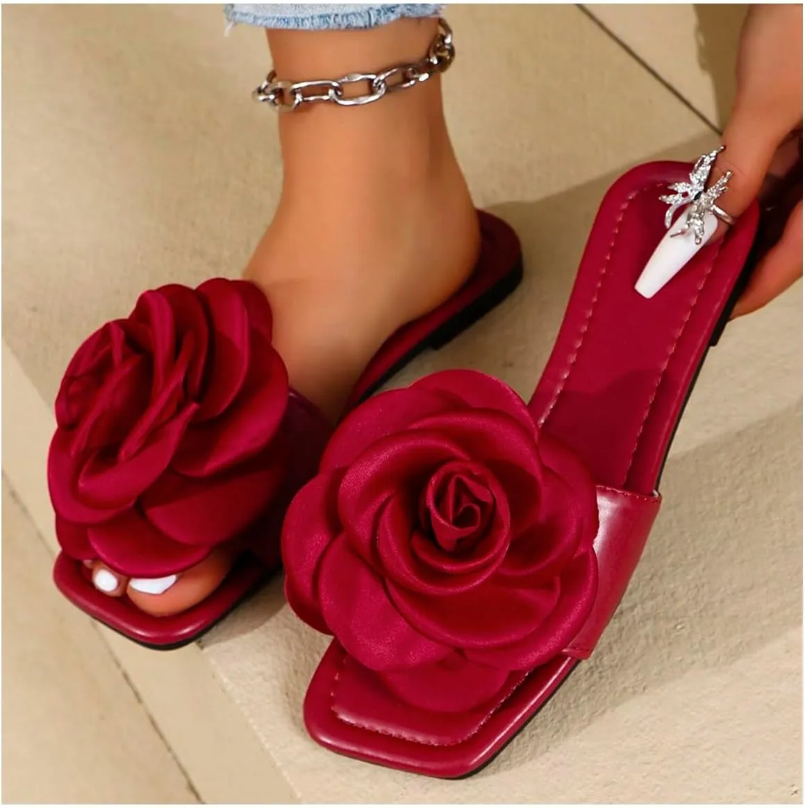 GORGLITTER Women's 3D Floral Applique Flat Sandals Square Open Toe Single Band Pu Leather Slide Sandals