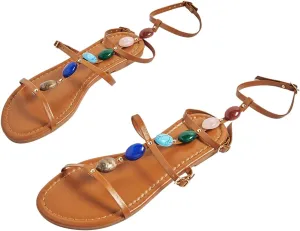 GORGLITTER Women's Colored Pearls Flat Sandals Lace Up Strappy Buckle Open Toe Vacation Strap Sandals