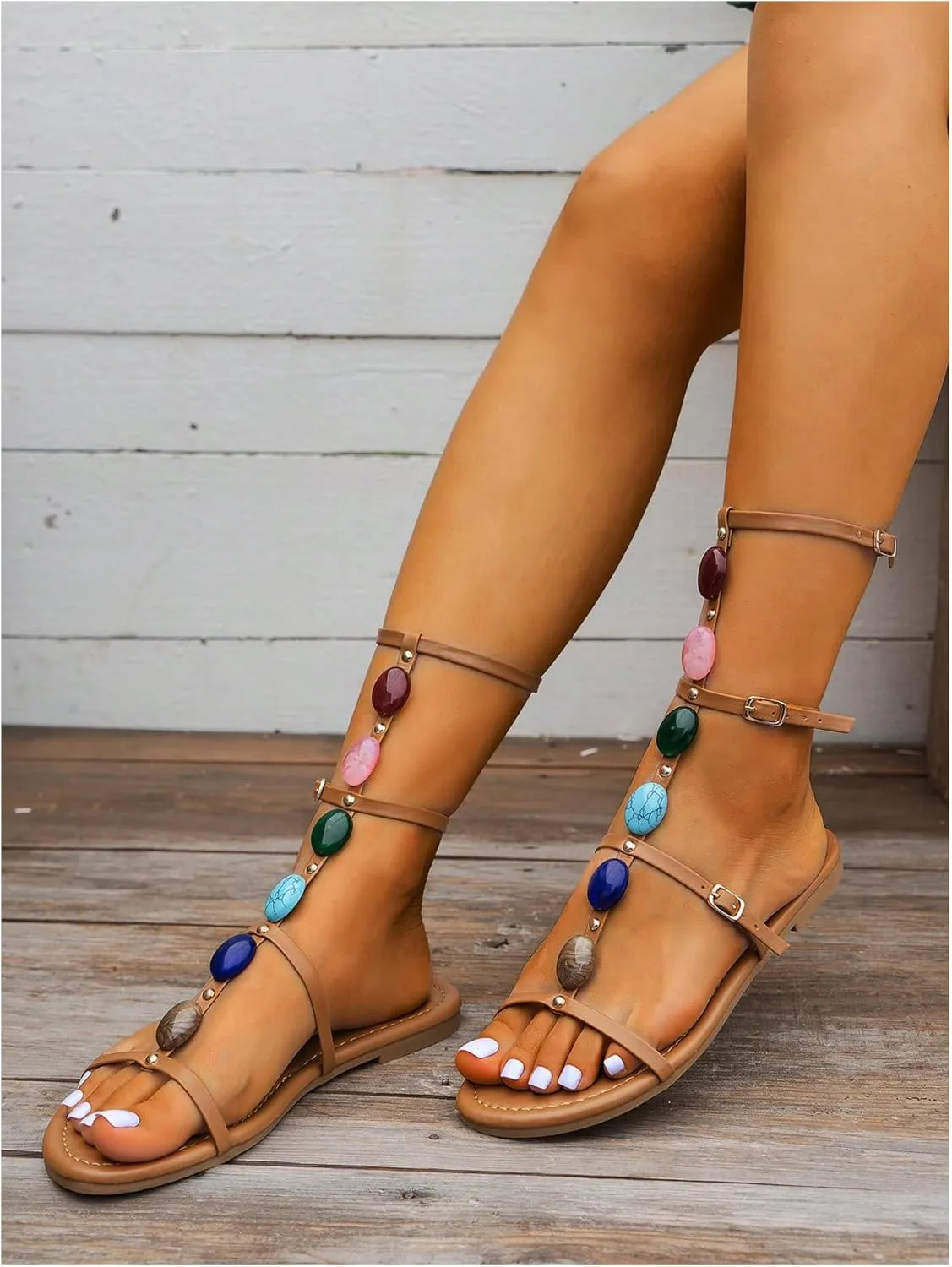 GORGLITTER Women's Colored Pearls Flat Sandals Lace Up Strappy Buckle Open Toe Vacation Strap Sandals