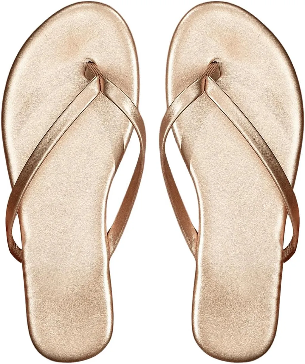 GORGLITTER Women's Metallic Thong Flats Sandals Dressy Comfort Leather Open Toe Slip on Slides Casual Flip Flops Sandal