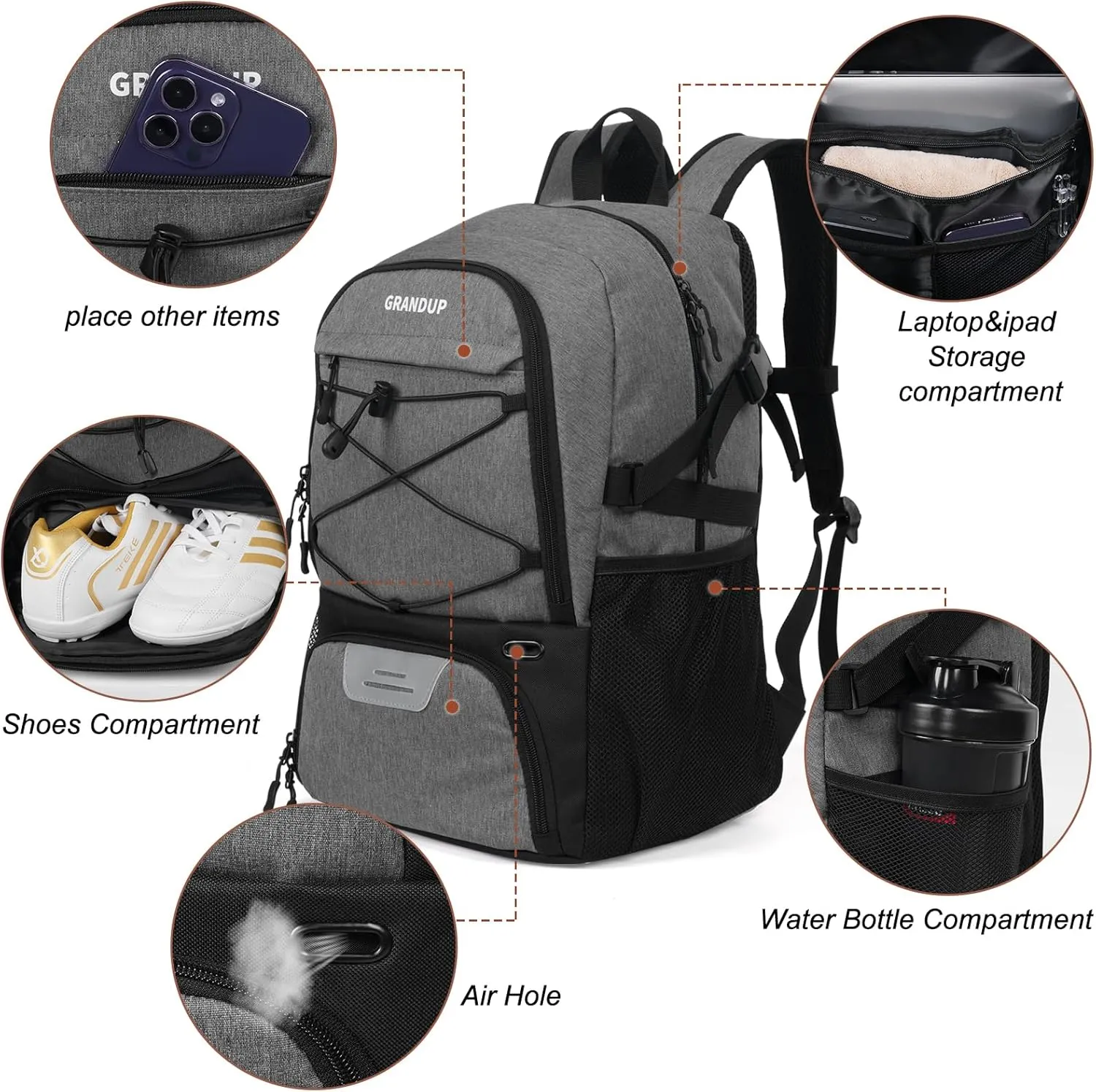 GRANDUP Basketball backpack with ball and shoes compartment Fit Volleyball, soccer, Swim, Gym, Travel, and School, large capacity sports training equipment bags