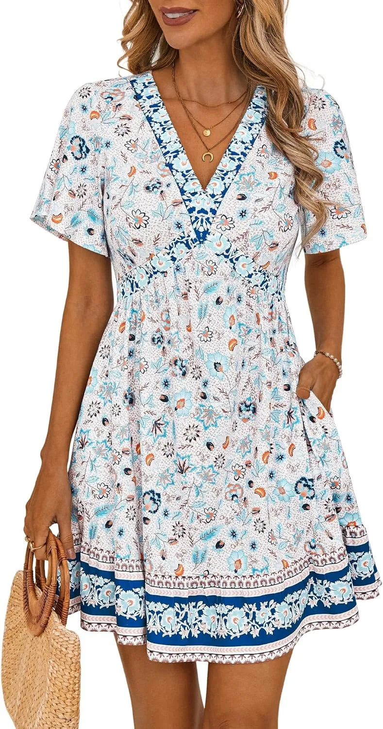 GUBERRY Women's Summer Boho Dress with Pockets V Neck Ruffle Flowy Casual Floral Babydoll Mini Short Sun Beach Dress