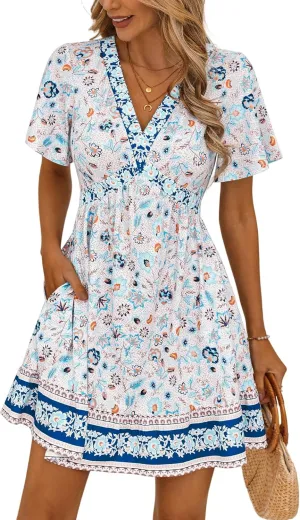 GUBERRY Women's Summer Boho Dress with Pockets V Neck Ruffle Flowy Casual Floral Babydoll Mini Short Sun Beach Dress