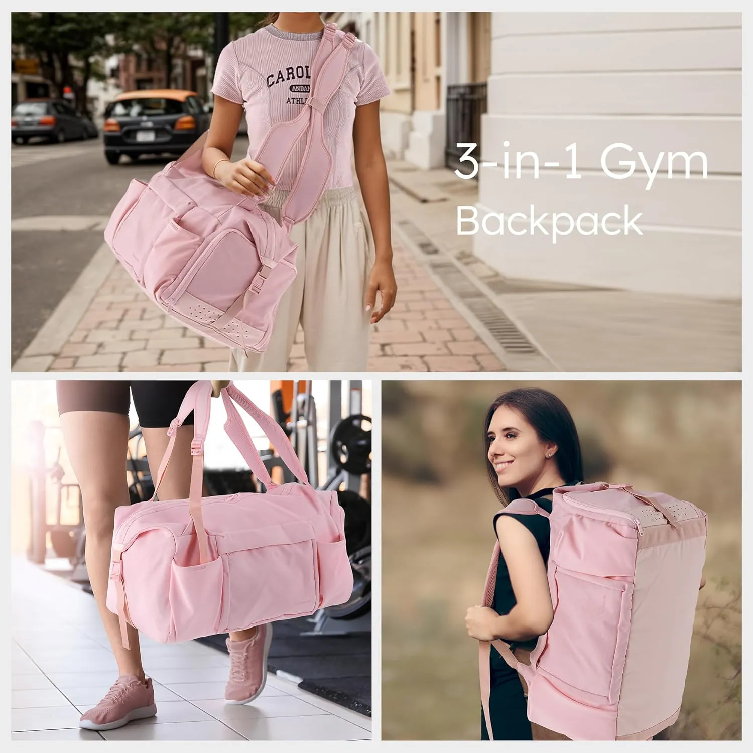 Gym Bag for Women with Shoes Compartment and Wet Pocket Convertible Duffle Bag and Gym Backpack Waterproof Sports Bags for Women with 2 Bottle Holders Weekender Overnight Bag - Pink