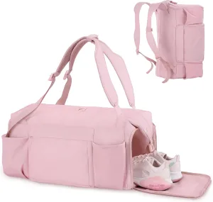 Gym Bag for Women with Shoes Compartment and Wet Pocket Convertible Duffle Bag and Gym Backpack Waterproof Sports Bags for Women with 2 Bottle Holders Weekender Overnight Bag - Pink