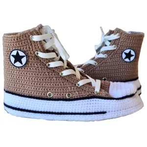 Handcrafted Crochet High-Top Sneakers Slippers – Brown, Breathable Canvas Style, Non-Slip Rubber Sole, Zippered, Unisex