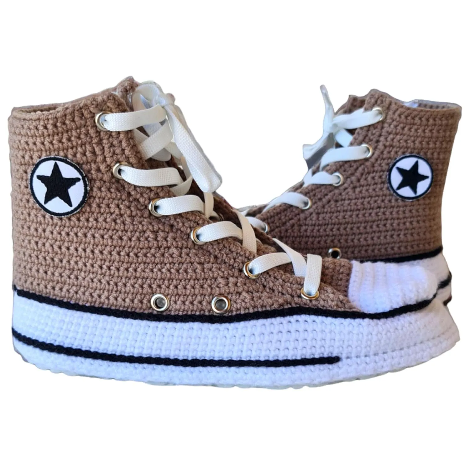 Handcrafted Crochet High-Top Sneakers Slippers – Brown, Breathable Canvas Style, Non-Slip Rubber Sole, Zippered, Unisex