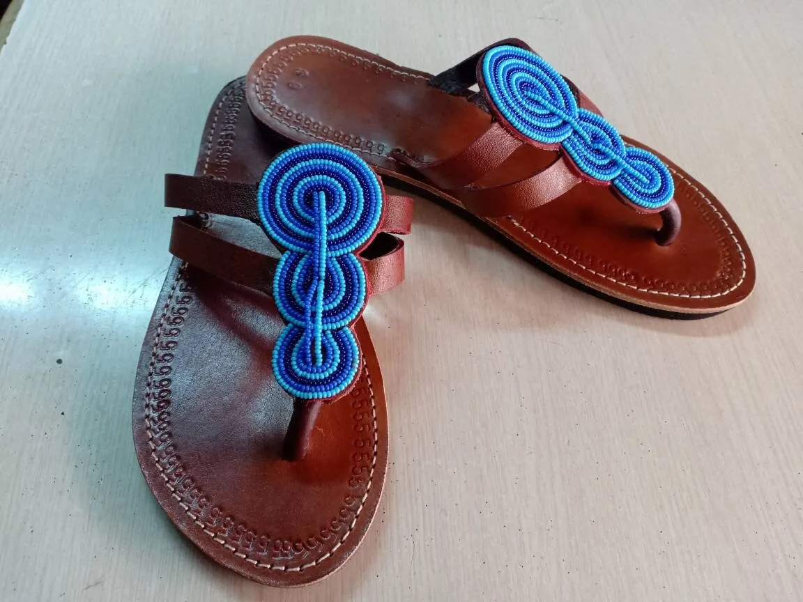 Handmade African Beaded Sandals/Authentic Maasai-Style Leather Flip-Flops Women/Boho Beach Sandals/Comfortable Summer Sandal African Gifts