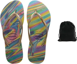 Havaianas Women's Slim Iridescent Flip Flops - Stylish, Comfortable, and Durable Sandals with Metallic Finish, Perfect for Beach, Casual, and Everyday Wear, Includes Velvet Pouch, 9-10, Lime Green