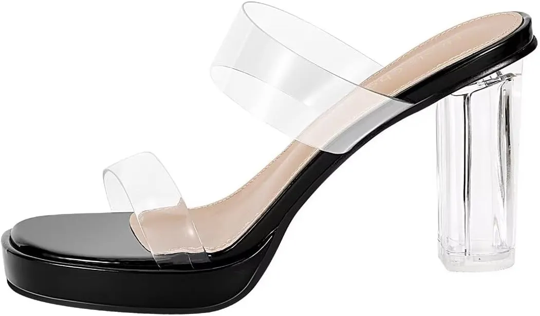 Heels Charm Women's Platform Heels Clear Chunky Block Heeled Sandals Open Toe Two Strap Slip On Block High Heel Sandal Dress Dancing Sandals Daily Work Party Shoes