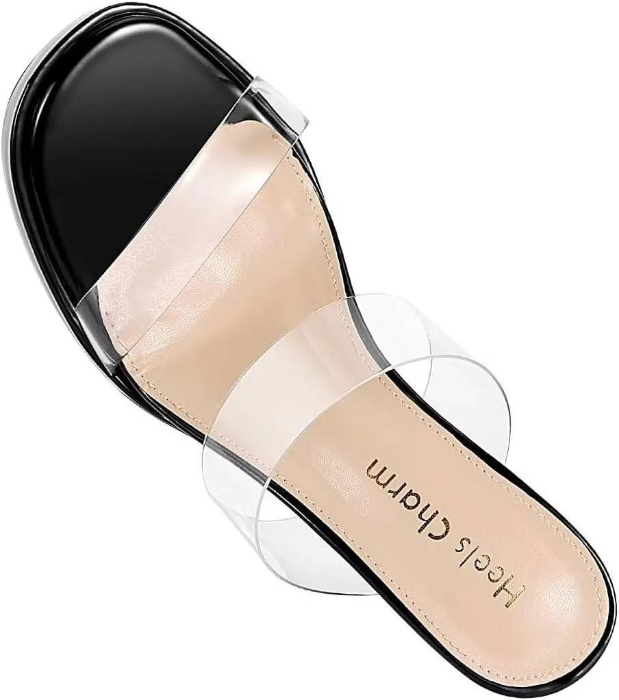 Heels Charm Women's Platform Heels Clear Chunky Block Heeled Sandals Open Toe Two Strap Slip On Block High Heel Sandal Dress Dancing Sandals Daily Work Party Shoes