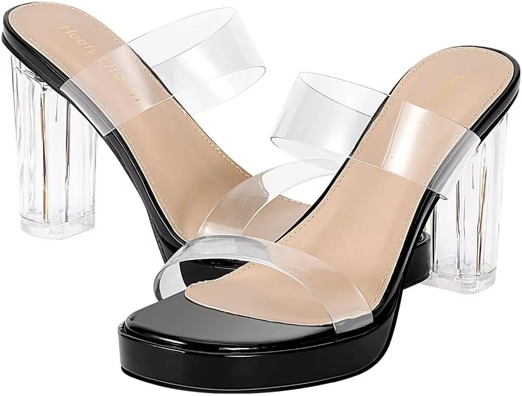 Heels Charm Women's Platform Heels Clear Chunky Block Heeled Sandals Open Toe Two Strap Slip On Block High Heel Sandal Dress Dancing Sandals Daily Work Party Shoes