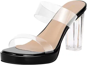 Heels Charm Women's Platform Heels Clear Chunky Block Heeled Sandals Open Toe Two Strap Slip On Block High Heel Sandal Dress Dancing Sandals Daily Work Party Shoes