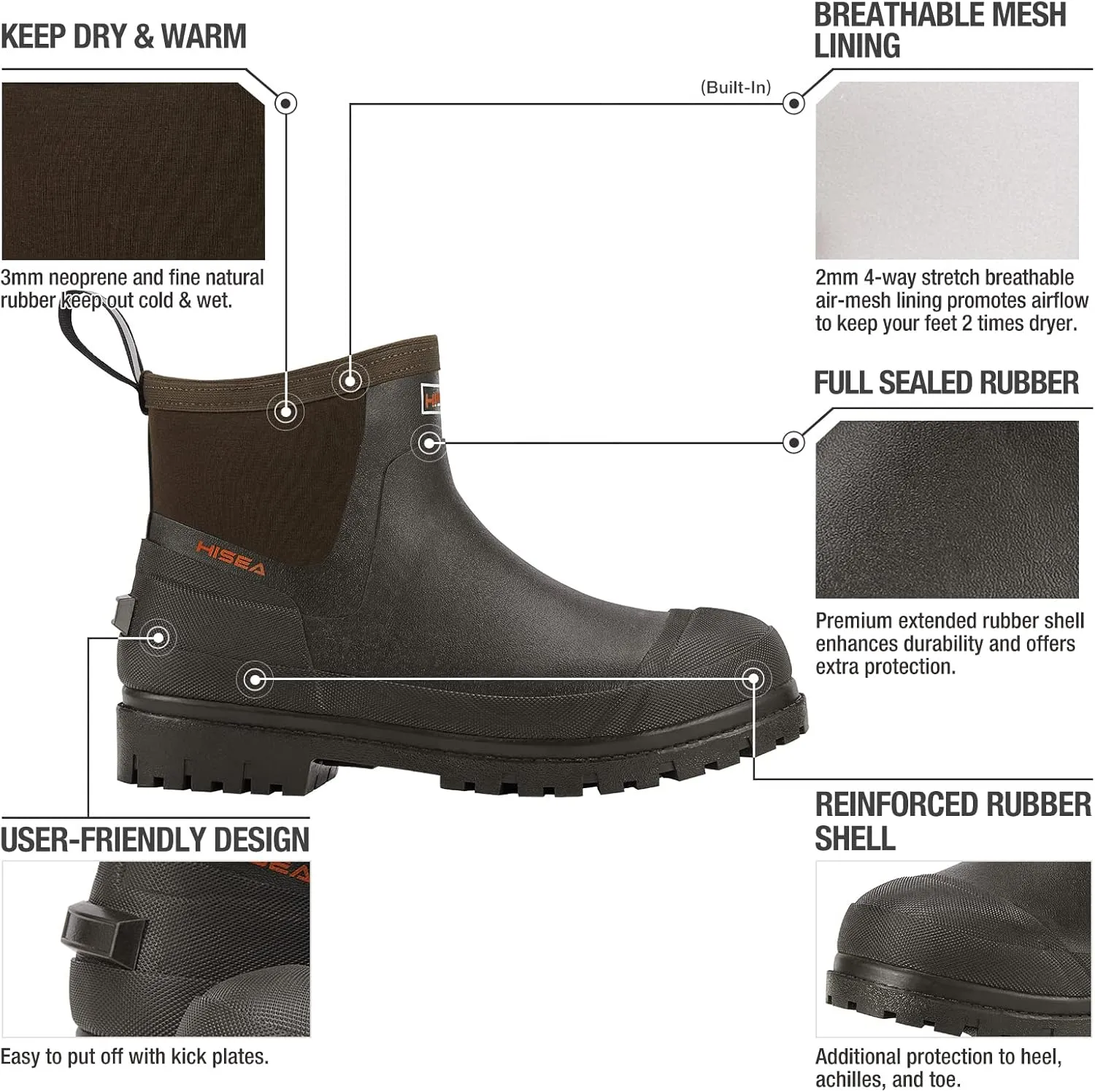 HISEA Men's Chelsea Rain Boots, Rubber Ankle Short Boots for Men Waterproof, Durable Insulated Mud Booties for Outdoor Garden Work