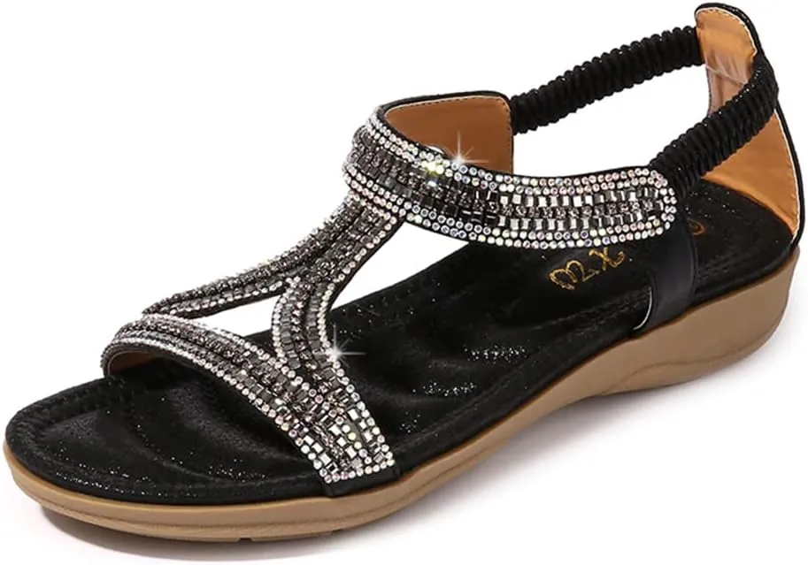 HNGHOU Sandals for Women Flats Shoes with Bohemian Rhinestone Comfortable Womens Beach Sandal Elastic Ankle Strap Slip On Summer Sandal